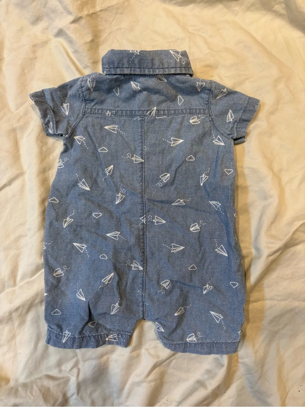 Carter's Blue Short-Sleeve Button Romper with White Paper Plane Print